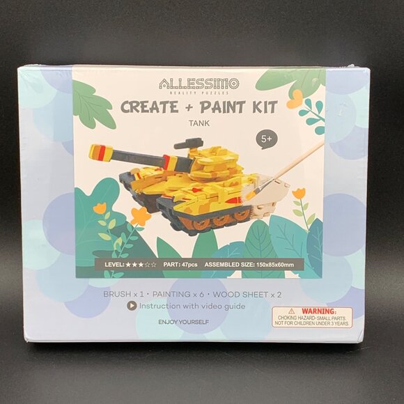 Allessimo Create & Paint Kit Tank 47 Pieces Kids Craft Set 5+ Wood Sheets Brush - Picture 1 of 2